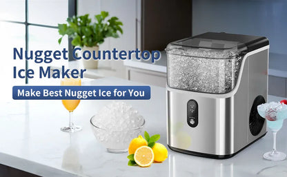 SIMZLIFE Nugget Ice Maker Countertop,34lbs Per Day,Portable Ice Maker Machine with with Basket and Scoop, Self-Cleaning ,Silver