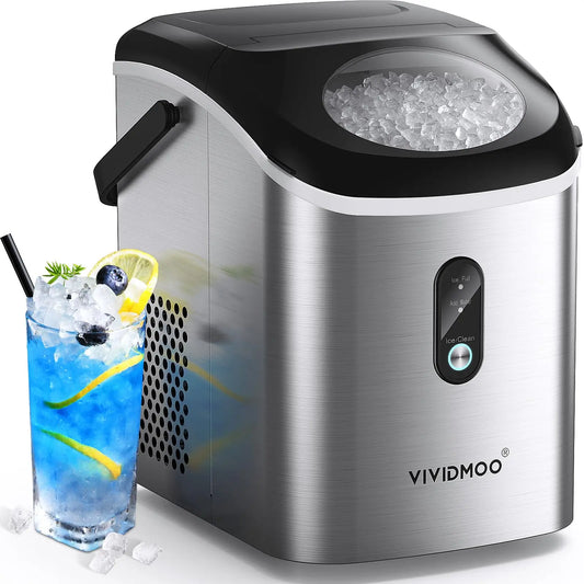 Vividmoo Nugget Ice Maker Countertop, Self-cleaning Sonic Portable, Soft Chewable Pebble Ice in 5 Mins with Ice Scoop and Basket