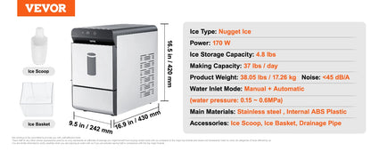 Countertop Nugget Ice Maker, 37lbs in 24Hrs, 2 Way Water Refill Self Cleaning Nugget Ice Maker with Scoop and Baske