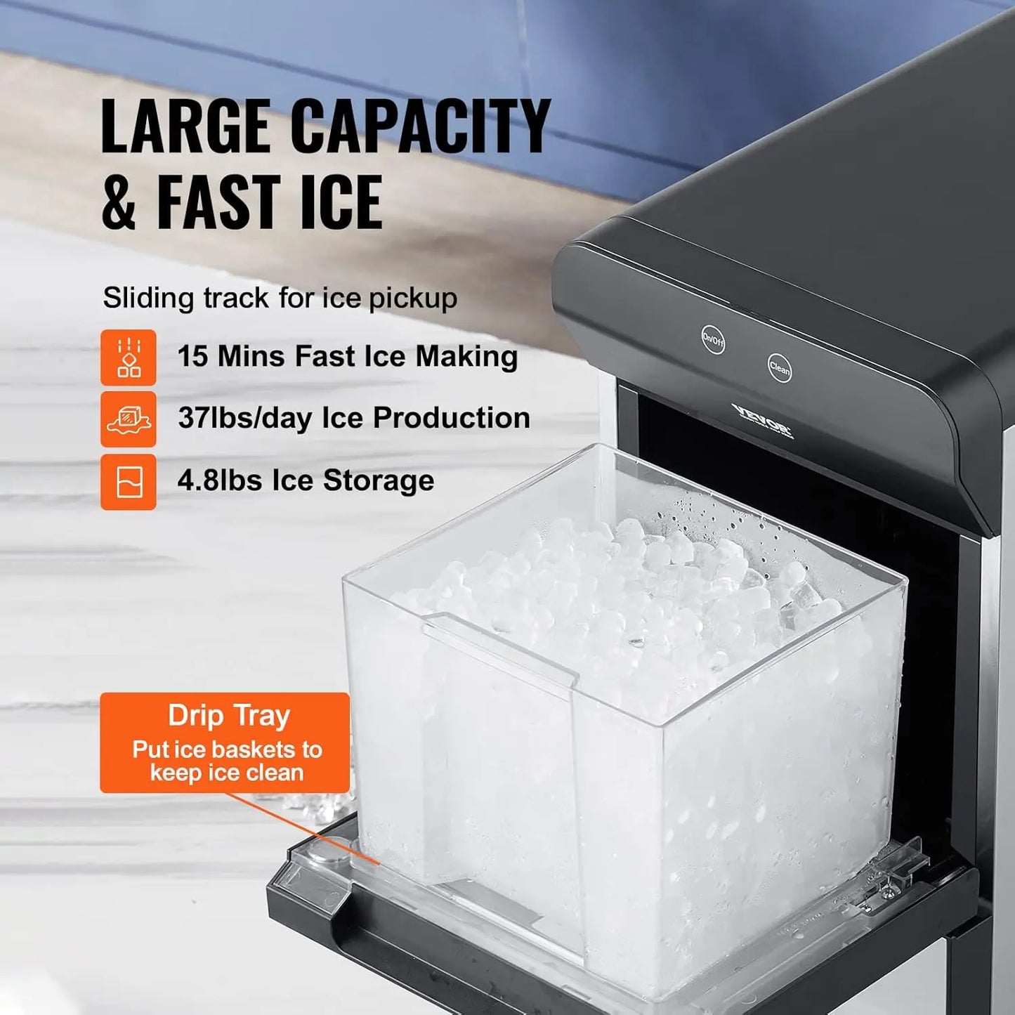 Countertop Nugget Ice Maker, 37lbs in 24Hrs, 2 Way Water Refill Self Cleaning Nugget Ice Maker with Scoop and Baske