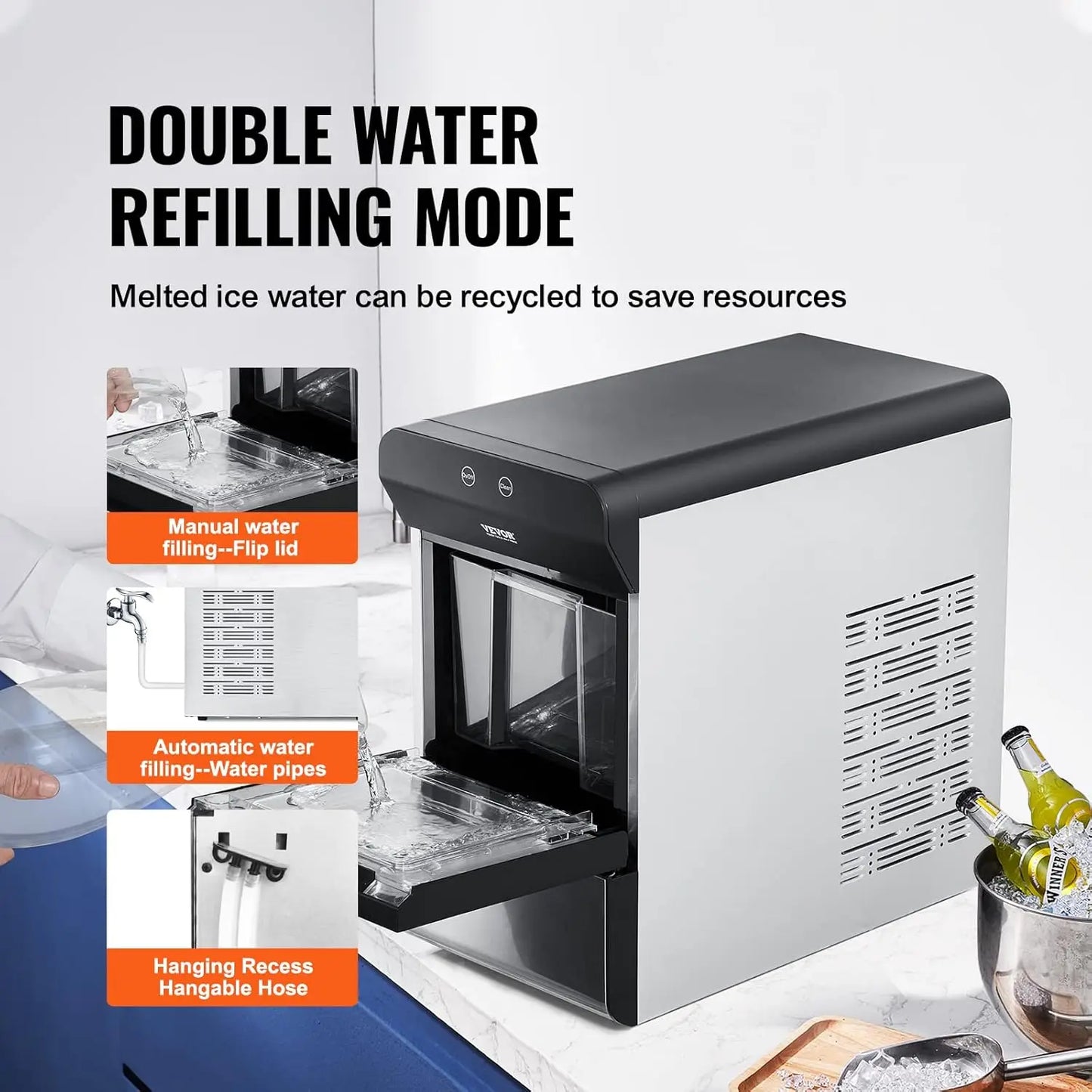 Countertop Nugget Ice Maker, 37lbs in 24Hrs, 2 Way Water Refill Self Cleaning Nugget Ice Maker with Scoop and Baske